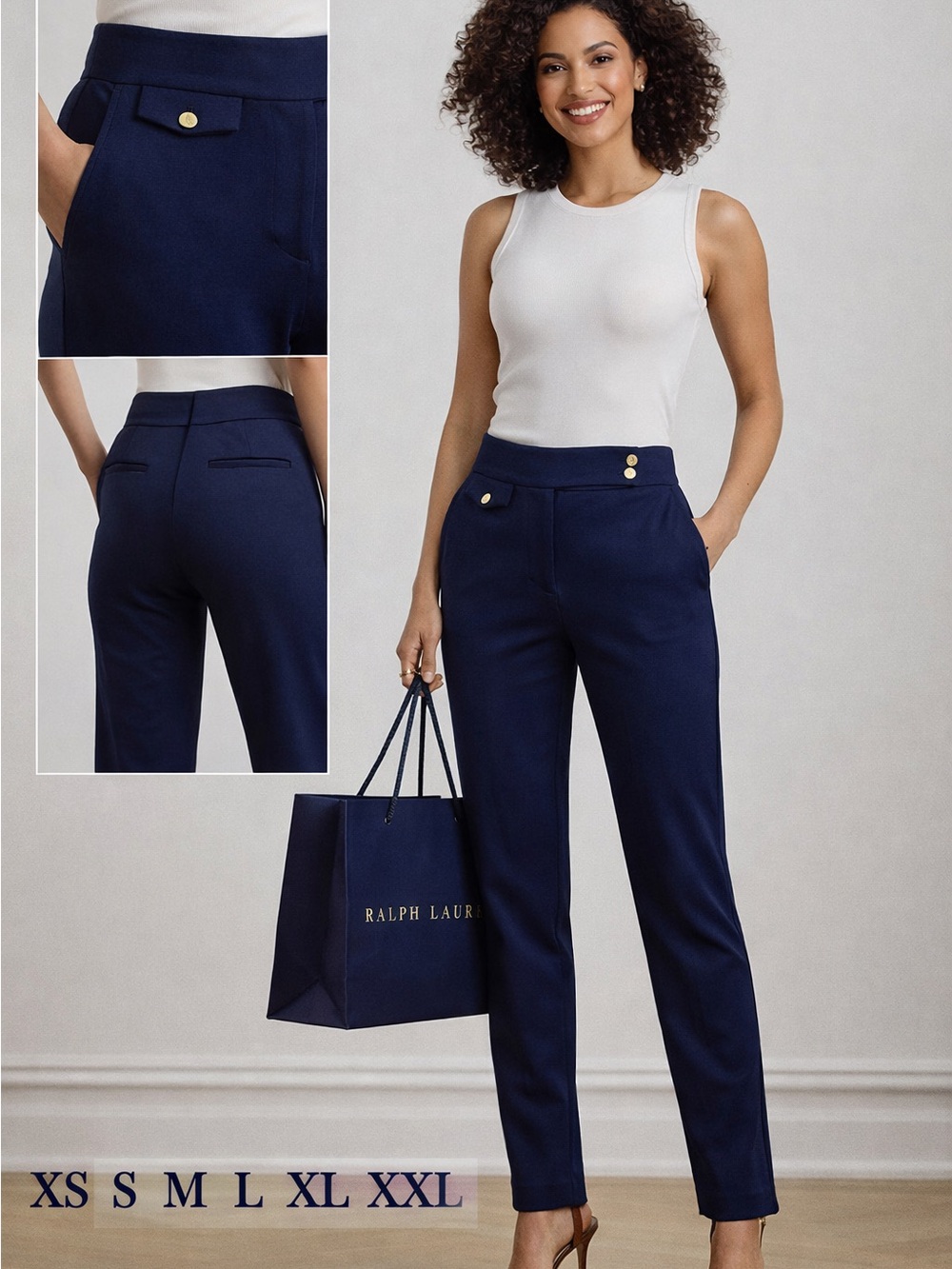 Ralph Lauren Navy High-Waist Ankle Pants with Gold Buttons